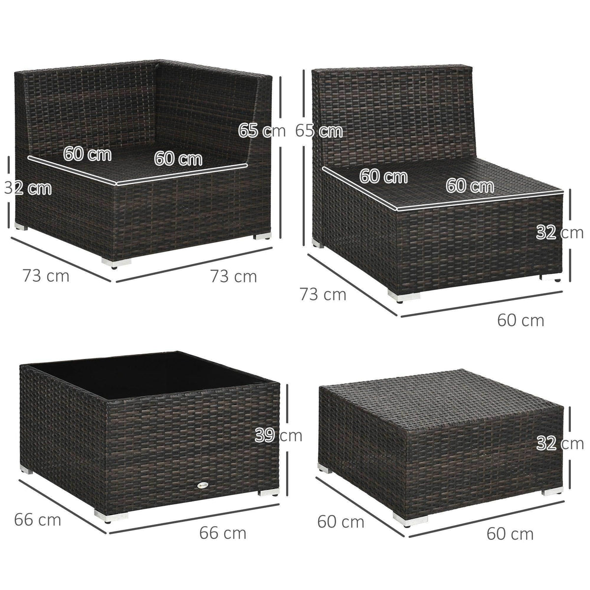 Black wicker armchair and ottoman size diagram with labeled measurements