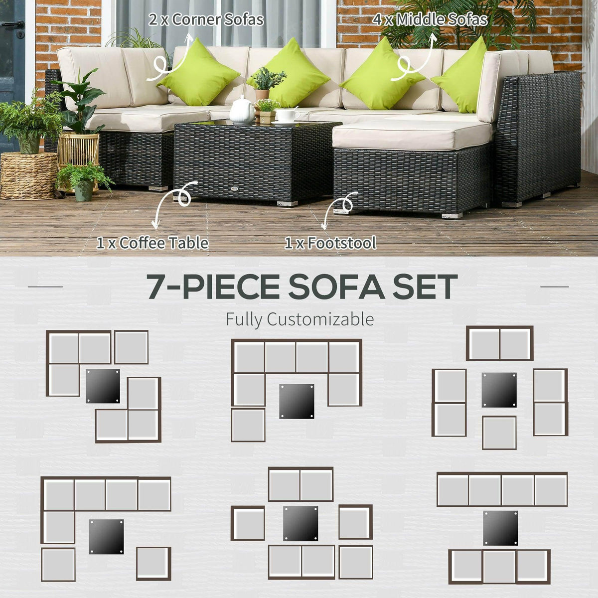Black wicker outdoor sofa set with lime green pillows, coffee table, footstool
