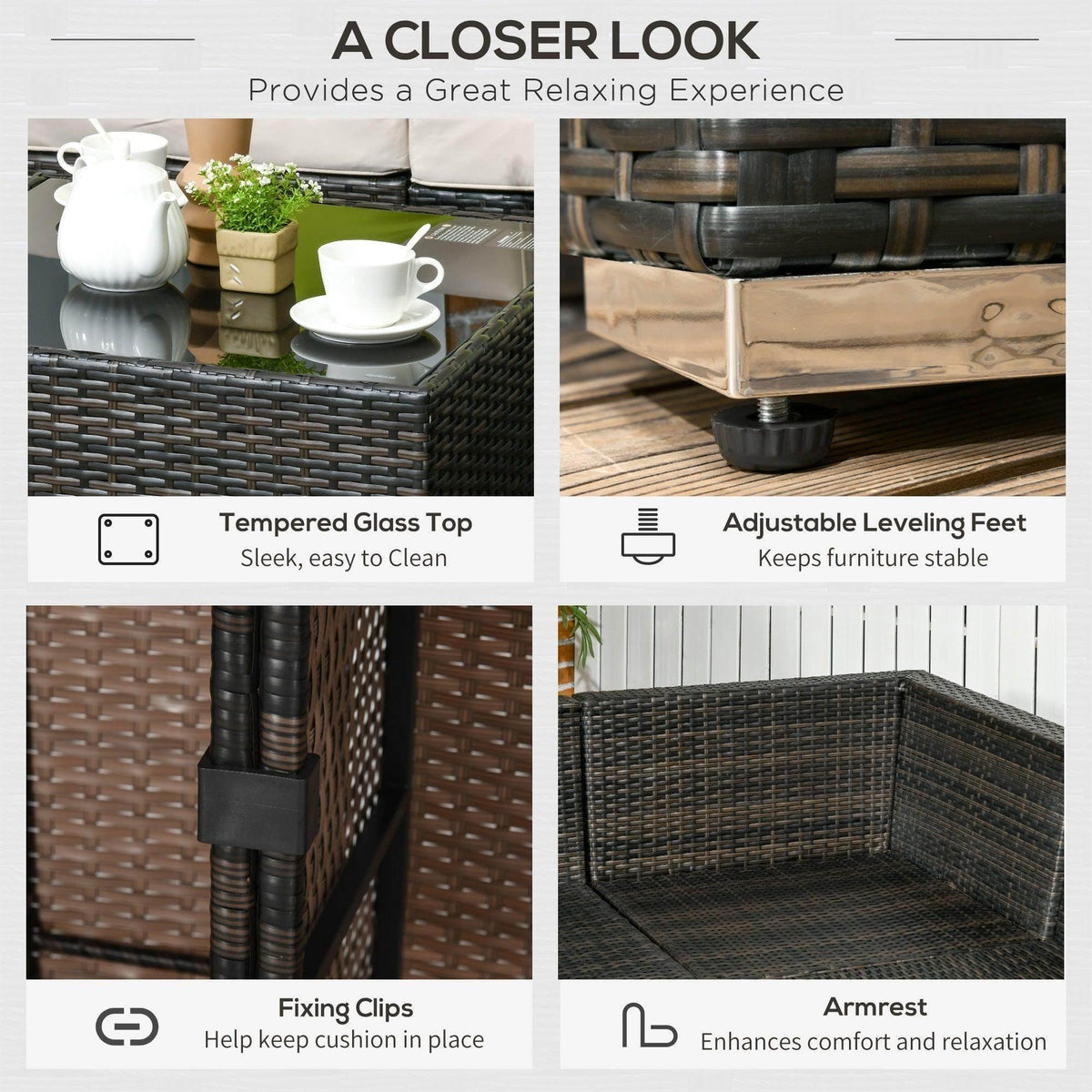 Outdoor sofa set detail: tempered glass tabletop and adjustable leveling feet