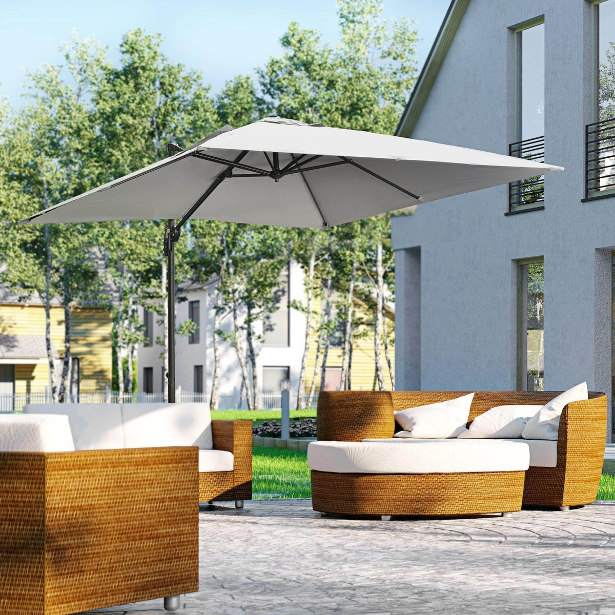 Outsunny cantilever parasol with light gray canopy and black overhanging metal frame