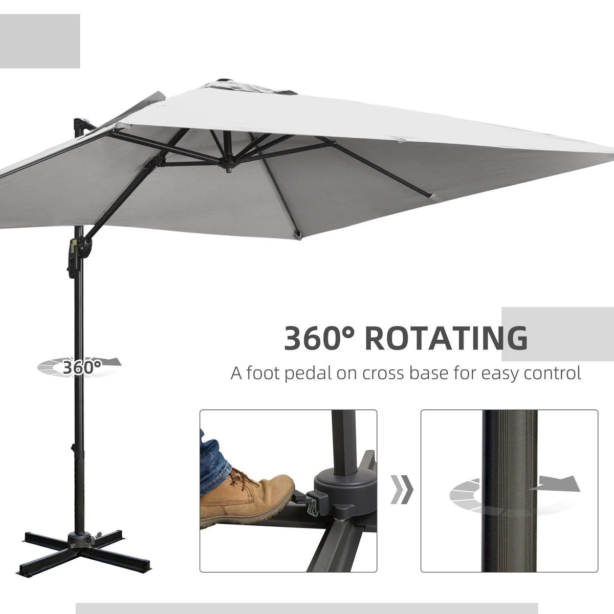 Outsunny cantilever parasol with 360° rotating base and foot pedal control; light gray canopy