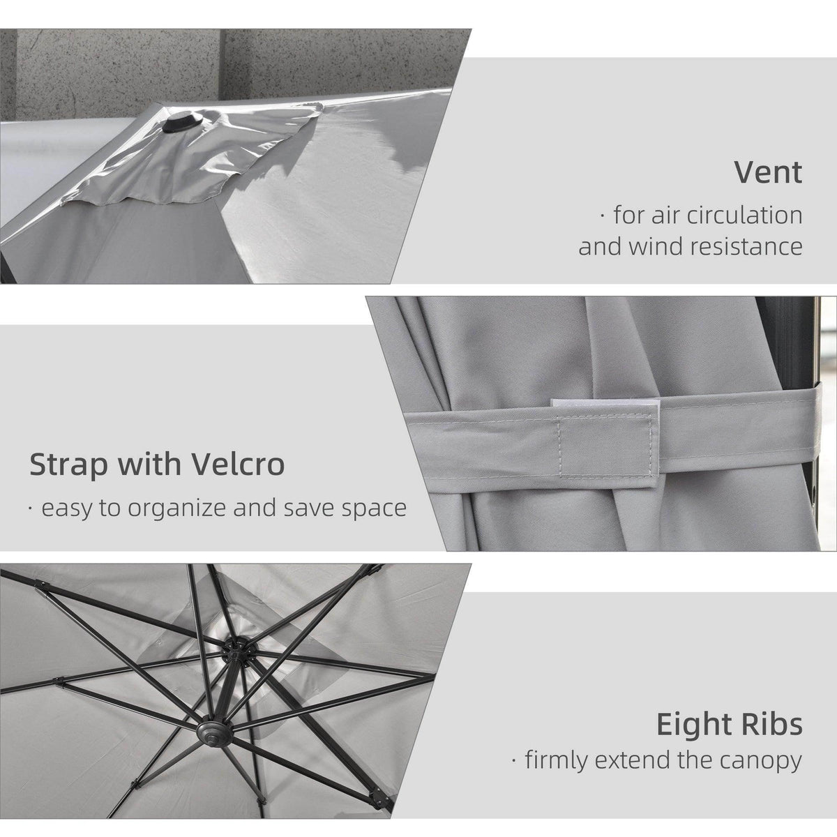 Outsunny cantilever parasol light gray canopy with vented fabric, Velcro strap, and ribs