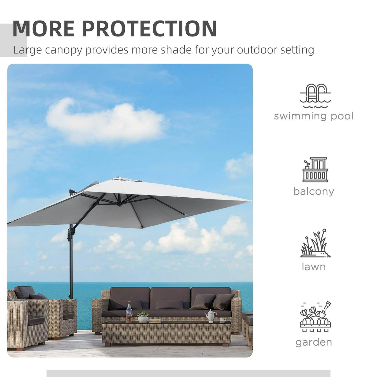Outsunny cantilever parasol with large light gray canopy above outdoor seating