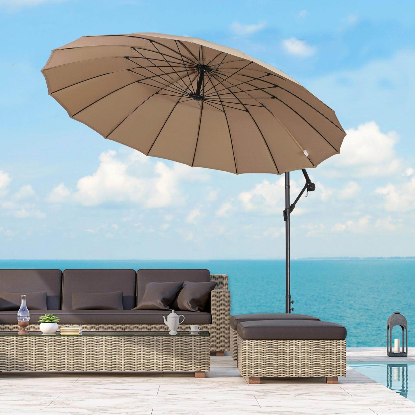 Beige cantilever sun umbrella, open canopy with 18 ribs and central hub.