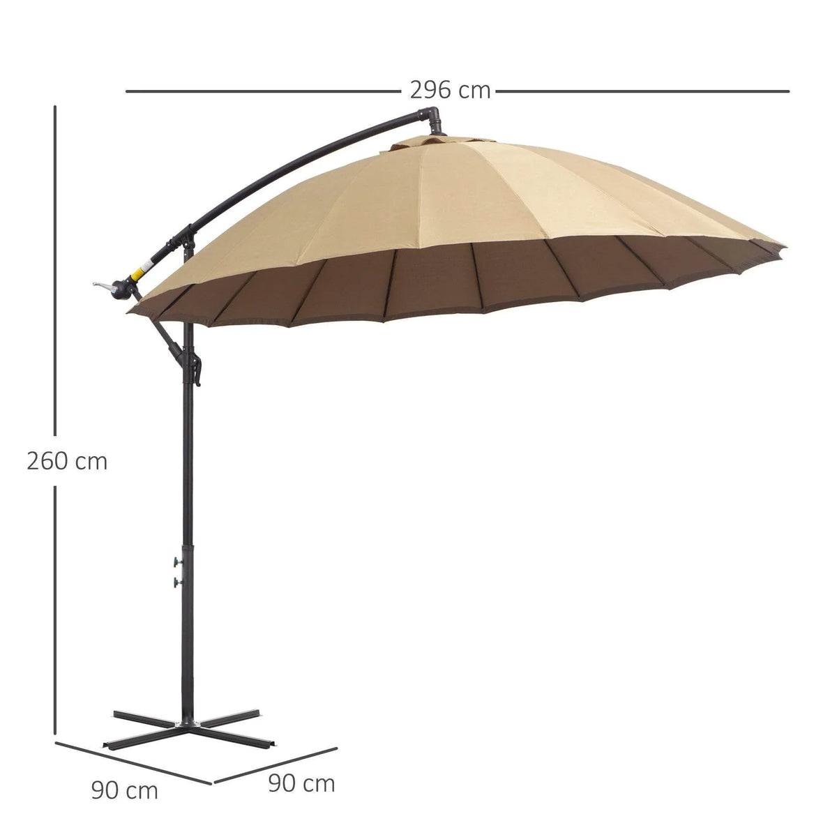 Beige cantilever sun umbrella with curved pole and open canopy, freestanding.