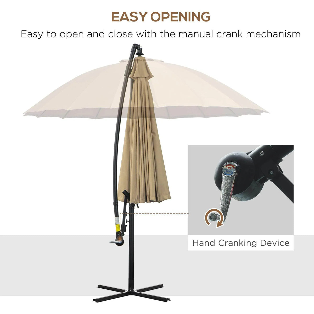 Beige cantilever sun umbrella with manual crank for easy opening and closing.
