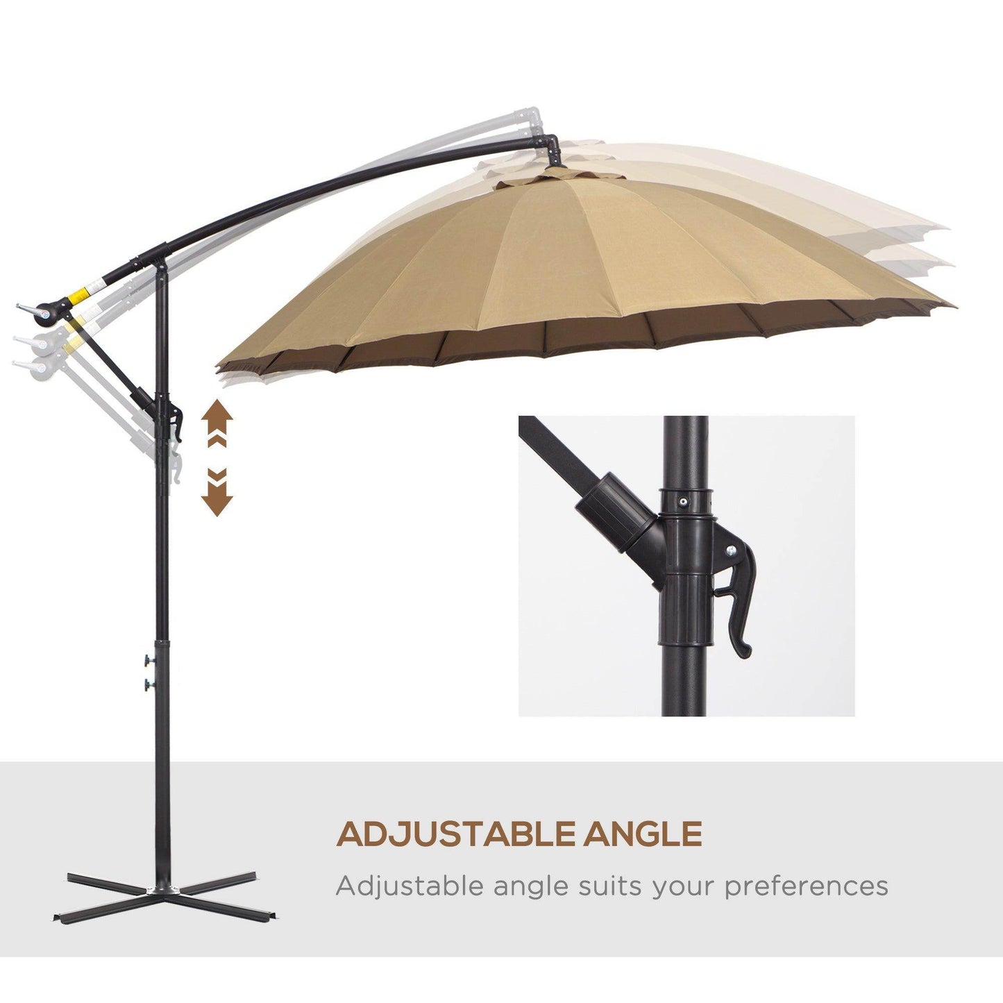 Beige cantilever sun umbrella with adjustable tilt mechanism on curved arm.