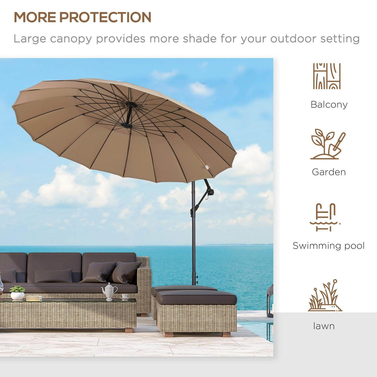 Beige cantilever sun umbrella providing shade for outdoor seating.