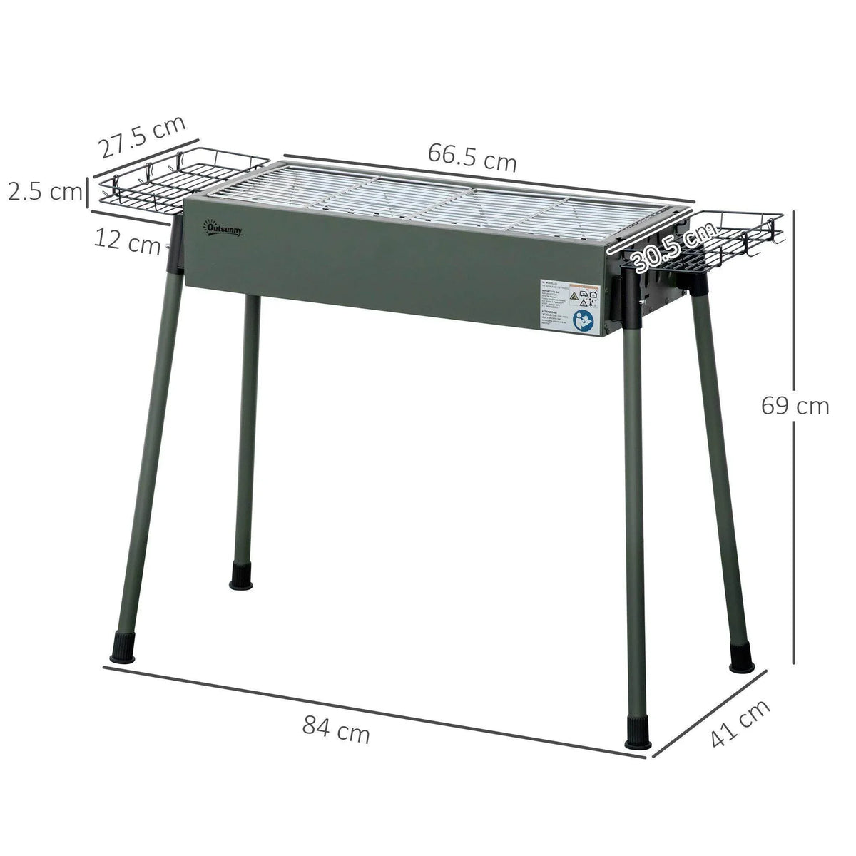 Charcoal BBQ grill with removable legs and rectangular cooking grate, dark green body