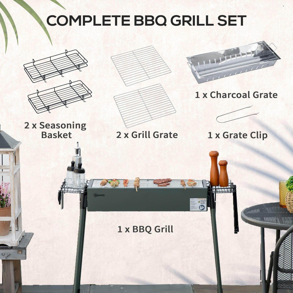 Complete BBQ grill set: charcoal grate, grill grates, seasoning baskets, grate clip