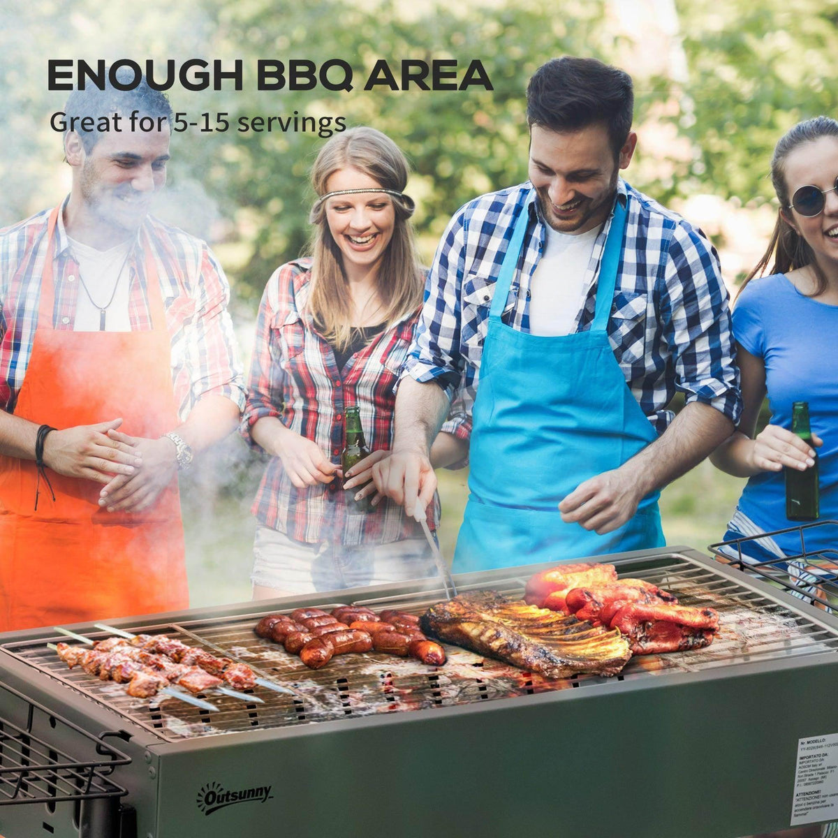 Charcoal BBQ grill with food on the grate, outdoors for party cooking