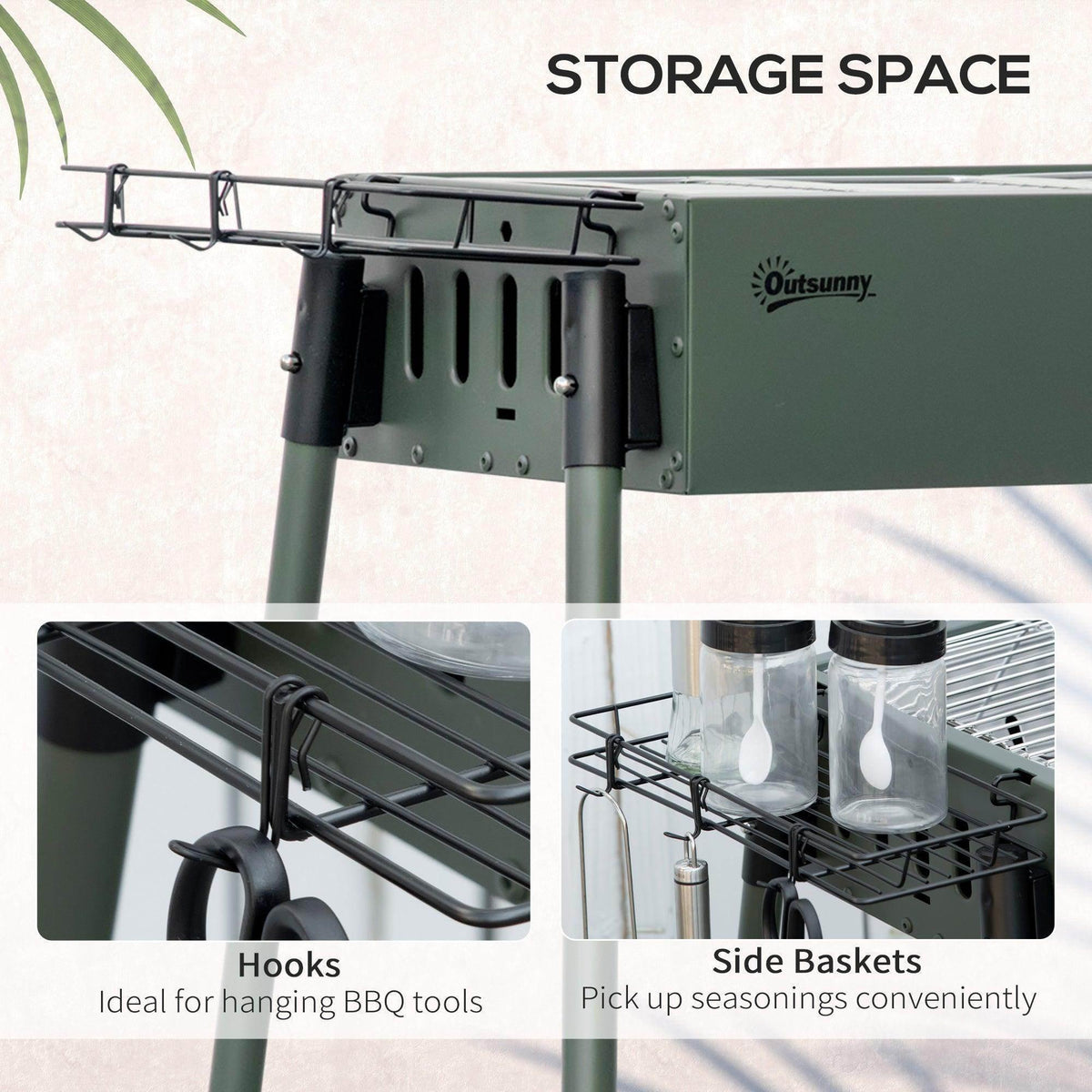 Charcoal BBQ grill with side hooks and removable side seasoning baskets