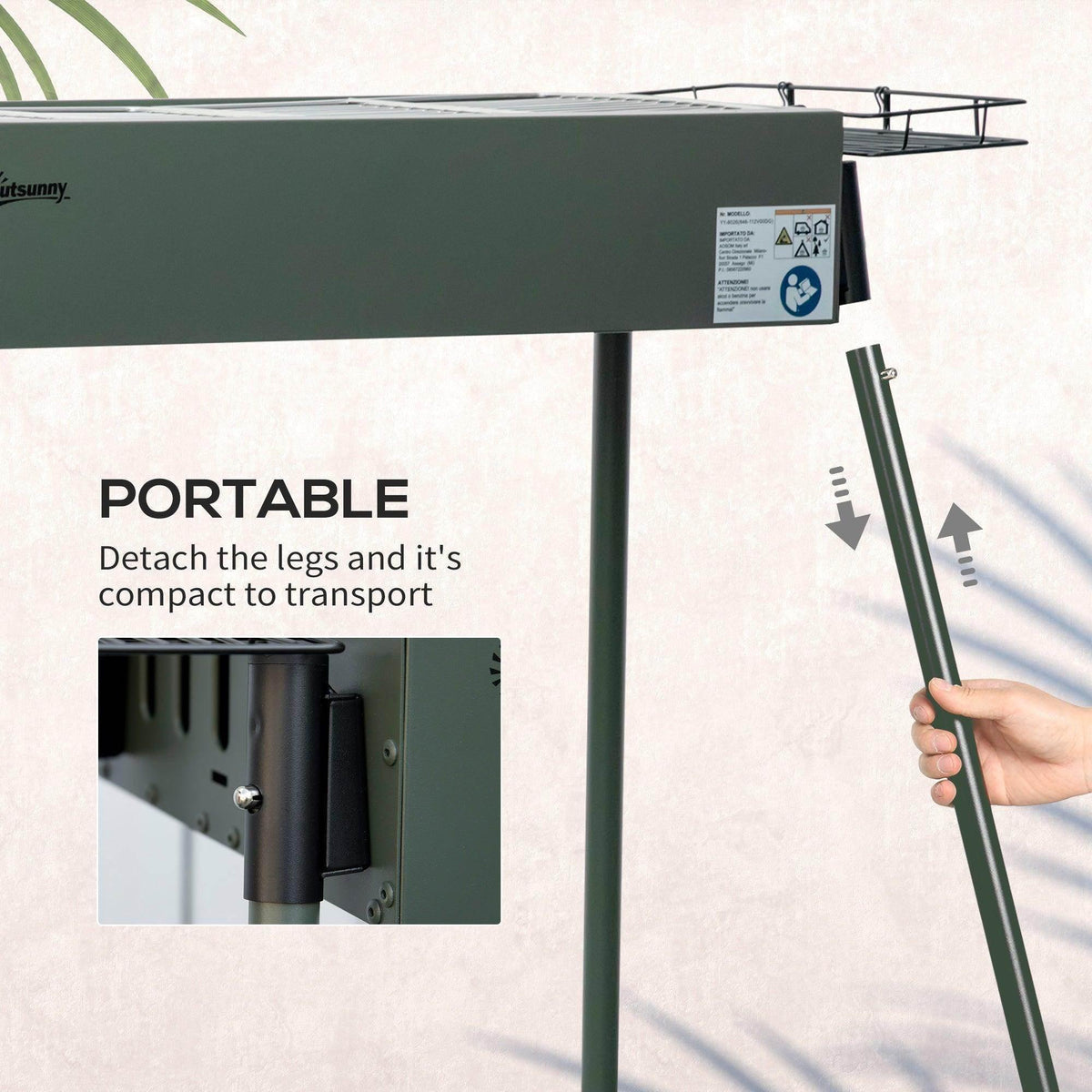 Portable charcoal BBQ grill with detachable legs for compact transport
