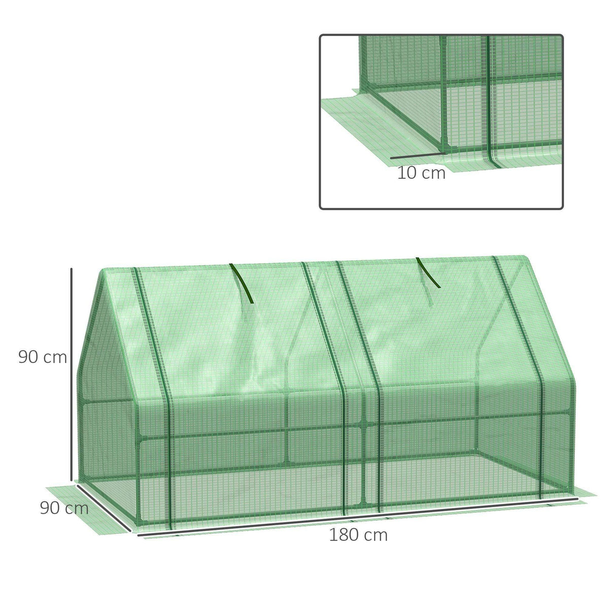 Green compact greenhouse with 180 x 90 x 90 cm size diagram