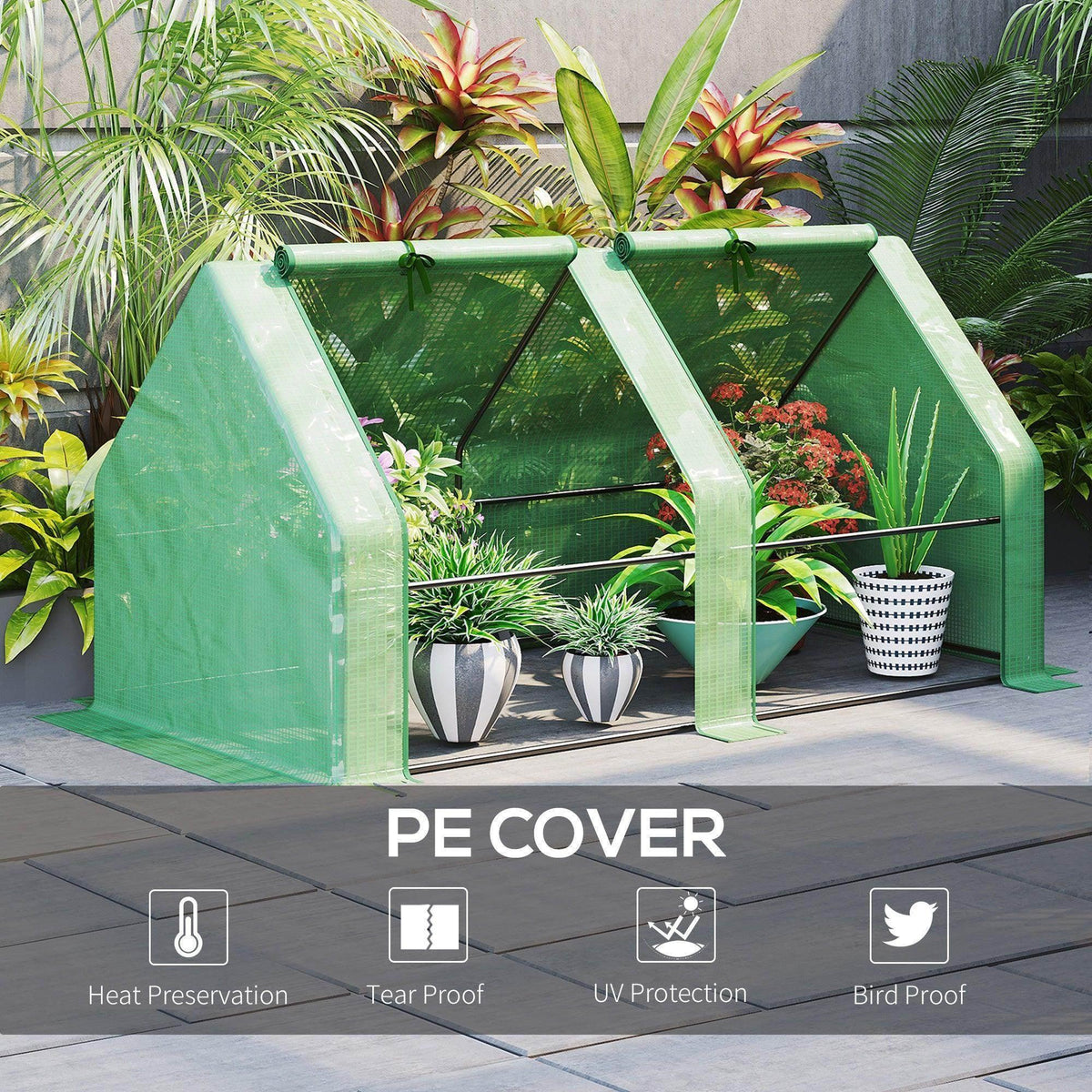 Compact green greenhouse with rolled-up cover doors and potted plants
