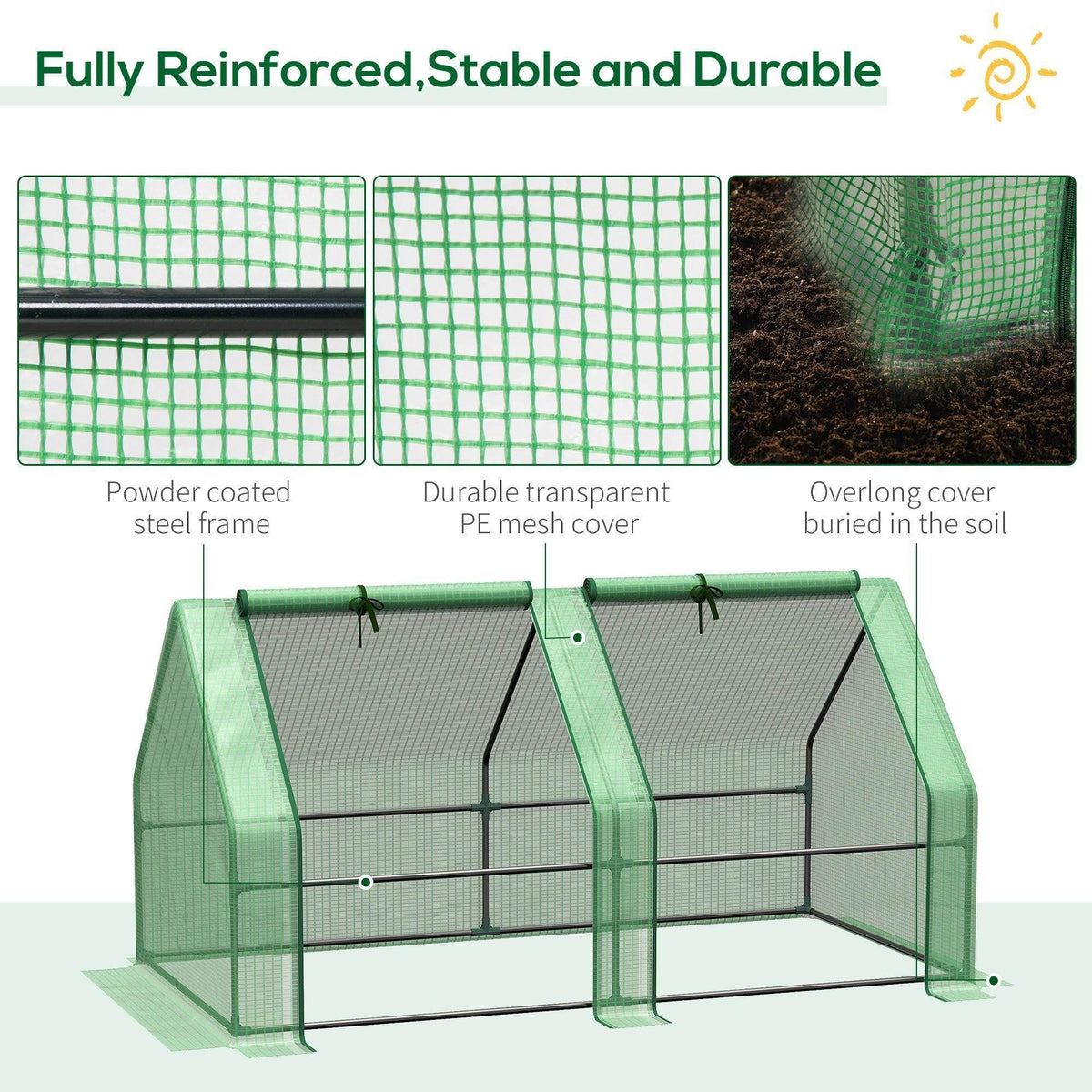 Green greenhouse frame with reinforced mesh panels and clear PE cover