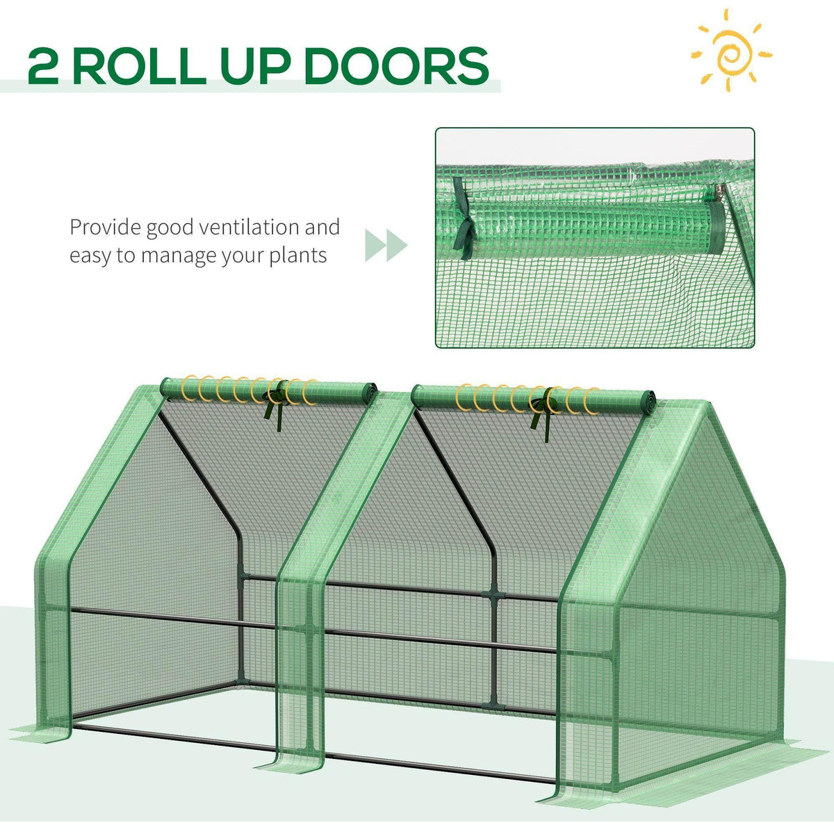Compact green greenhouse with two roll-up doors for ventilation
