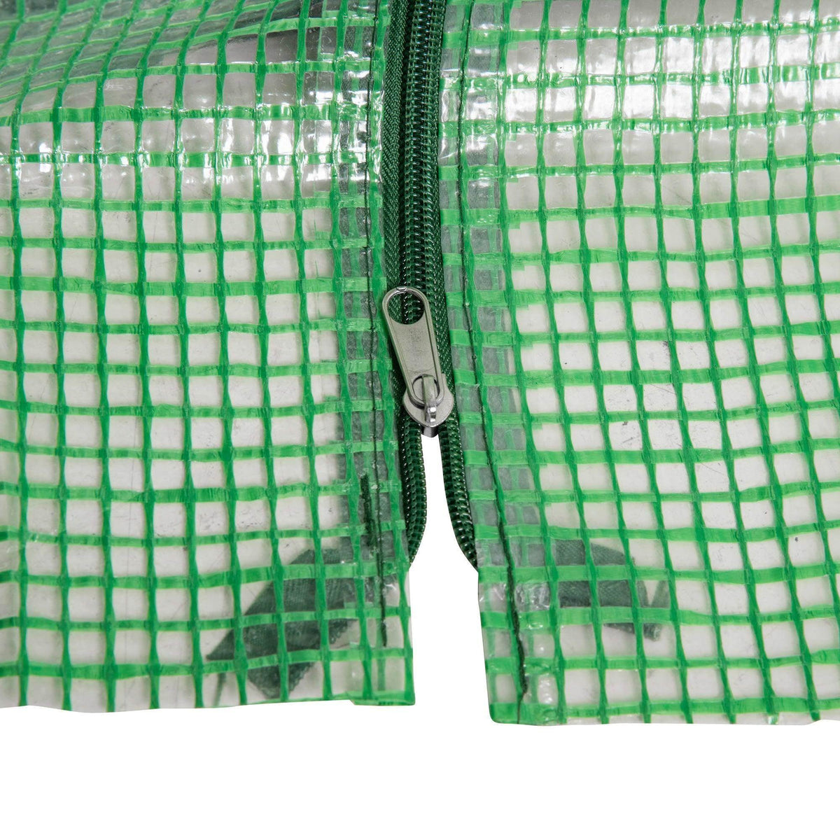 Green mesh greenhouse panel with zipper closure seam detail