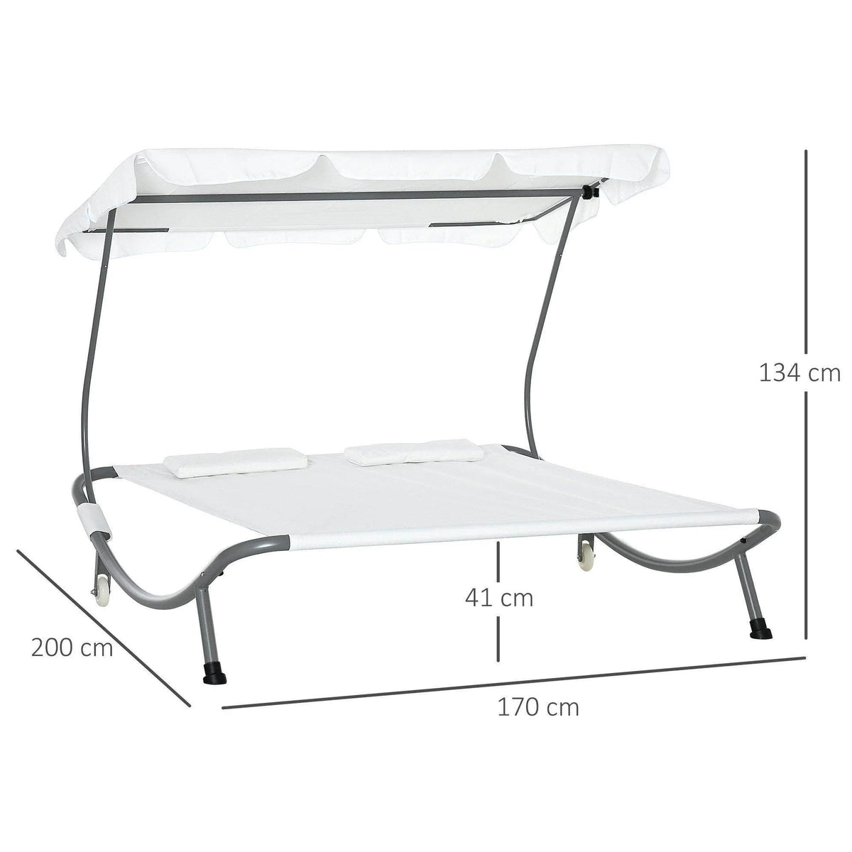 White double hammock-style sun lounger with adjustable canopy and two pillows