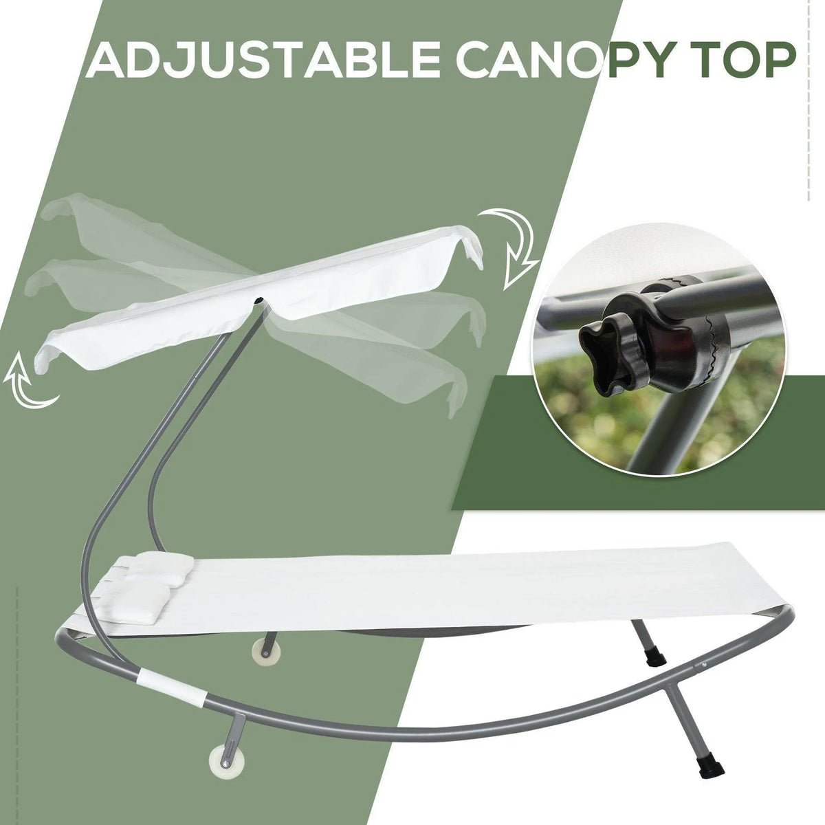 White adjustable canopy sun lounger with curved base and hanging straps