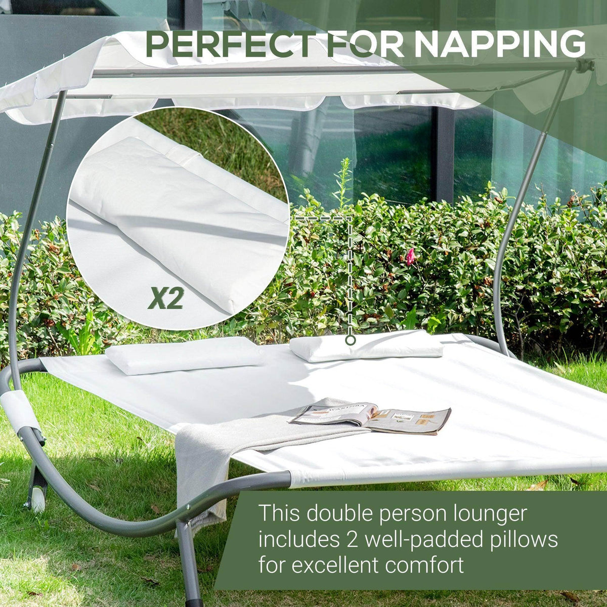 White double sun lounger with canopy, two pillows, and side support bars