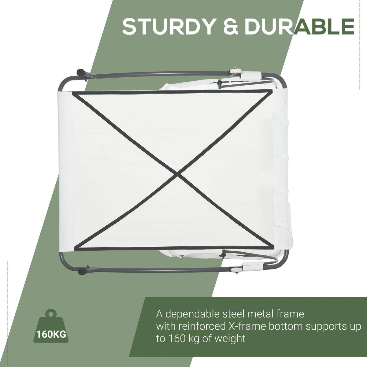 Folded white sun lounger with X-braced base supports and steel metal frame