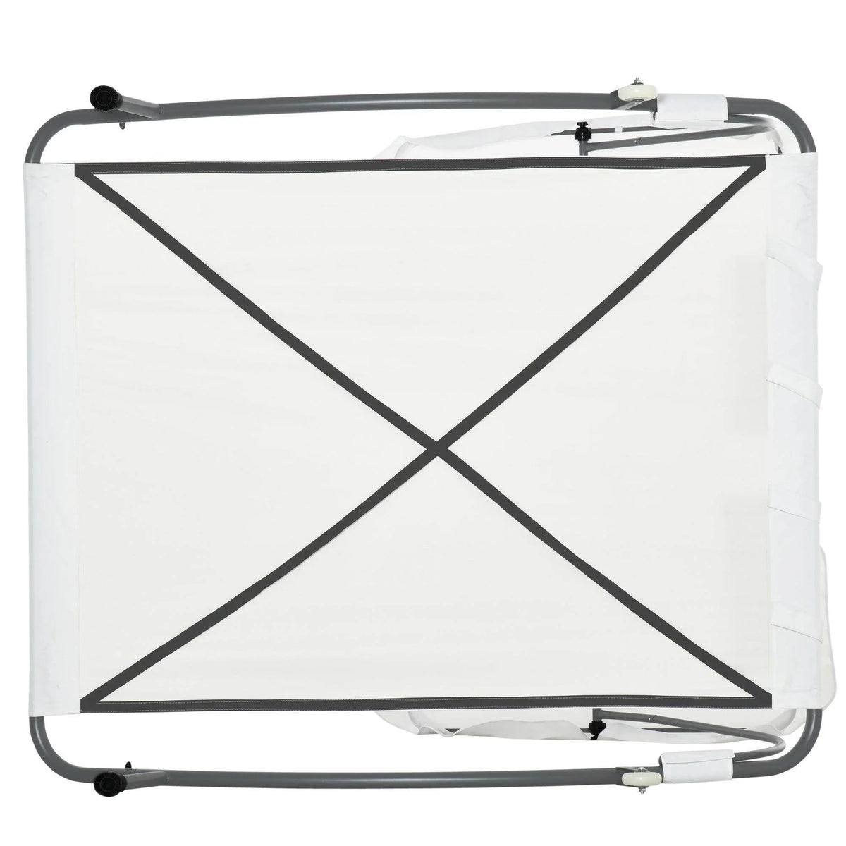 Folded white double sun lounger with X-braced base and metal end bars