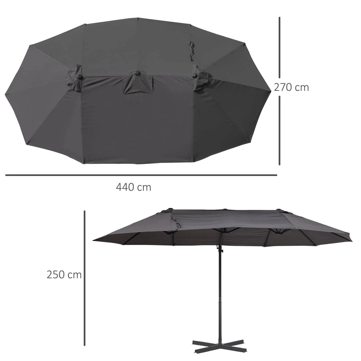 Grey double patio parasol umbrella, open canopy with center pole and wide coverage