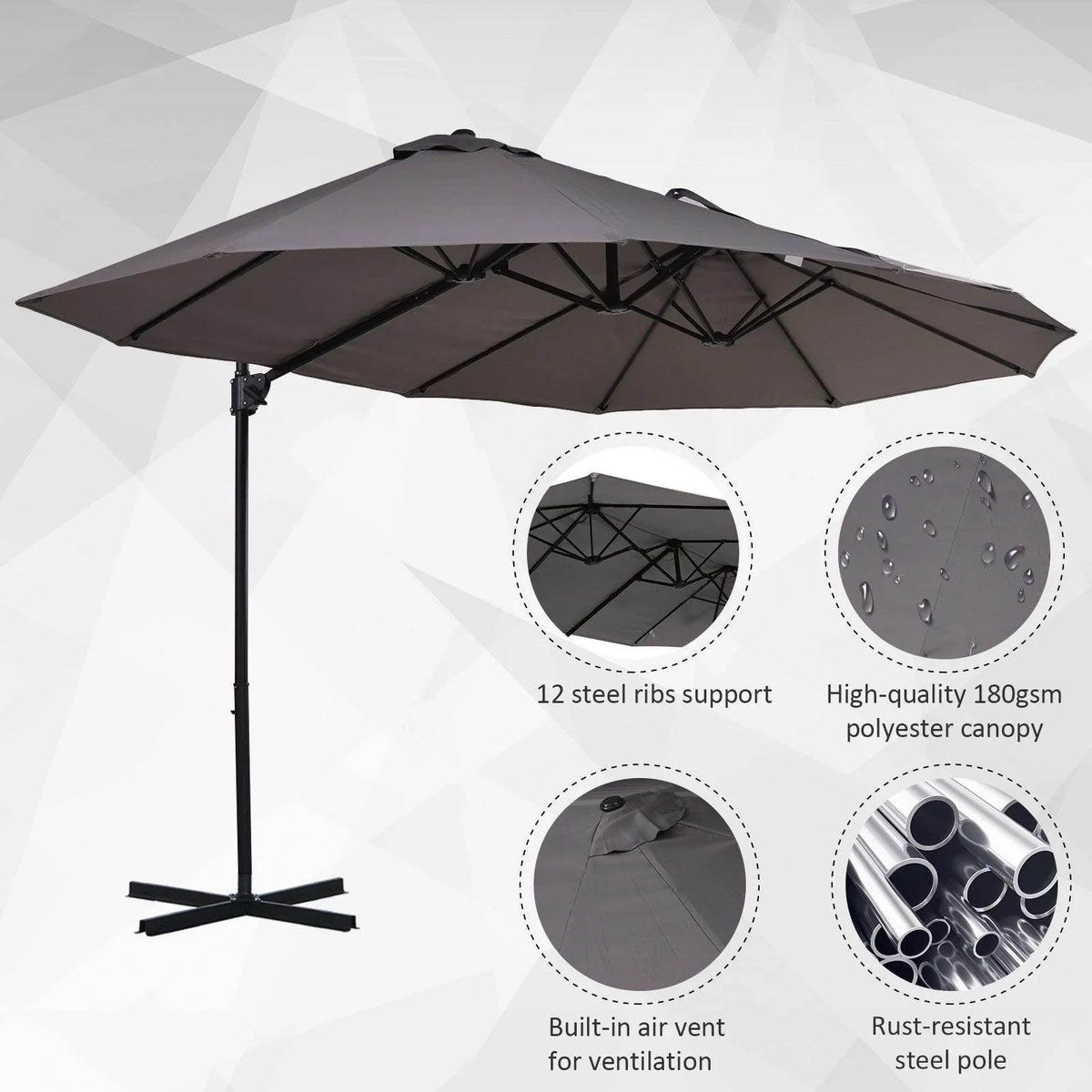 Grey double patio parasol umbrella with vented canopy and steel rib supports