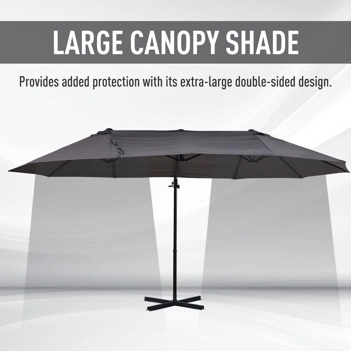 Grey double patio parasol umbrella with extra-large double-sided open canopy and pole