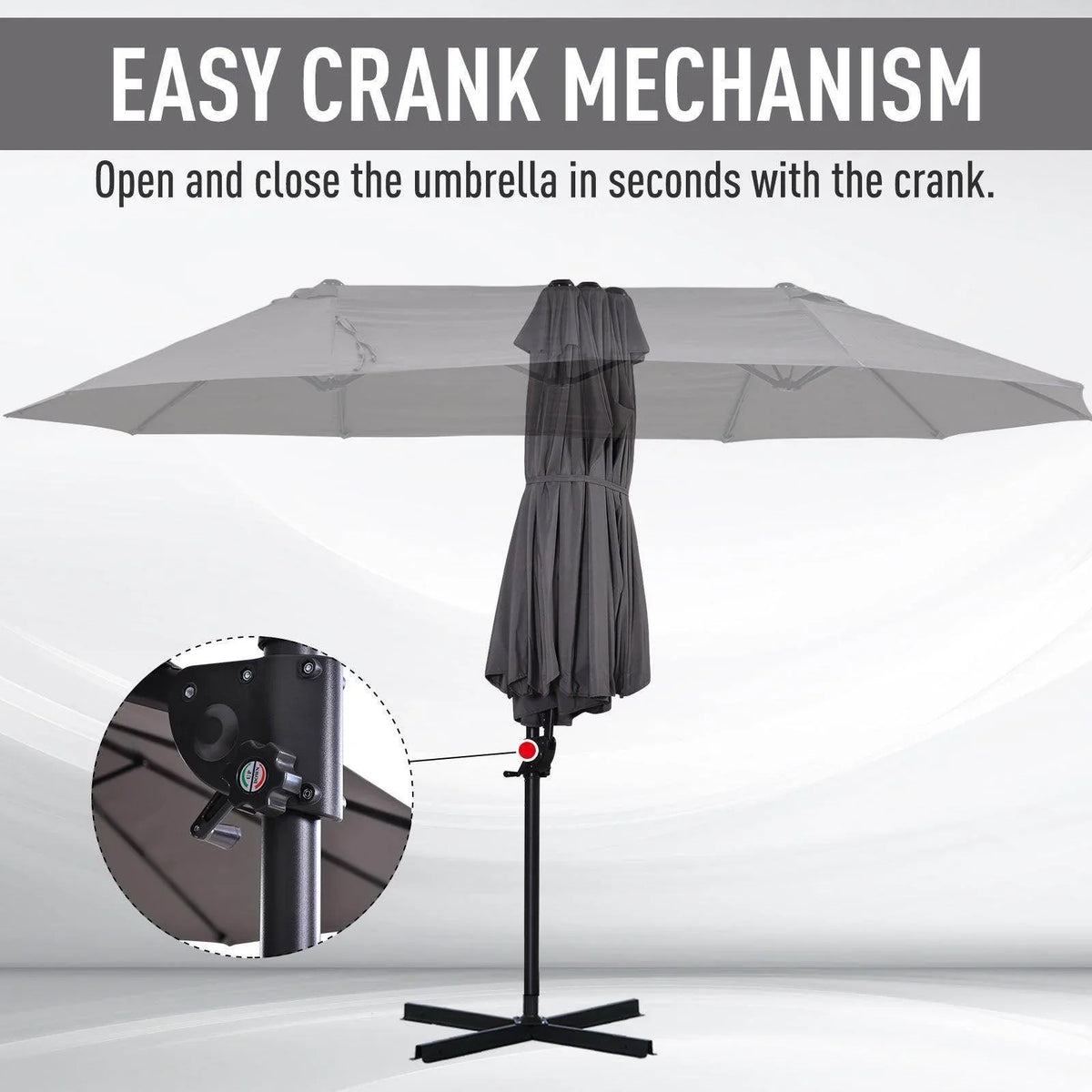 Grey double patio parasol umbrella with easy crank lift mechanism on center pole