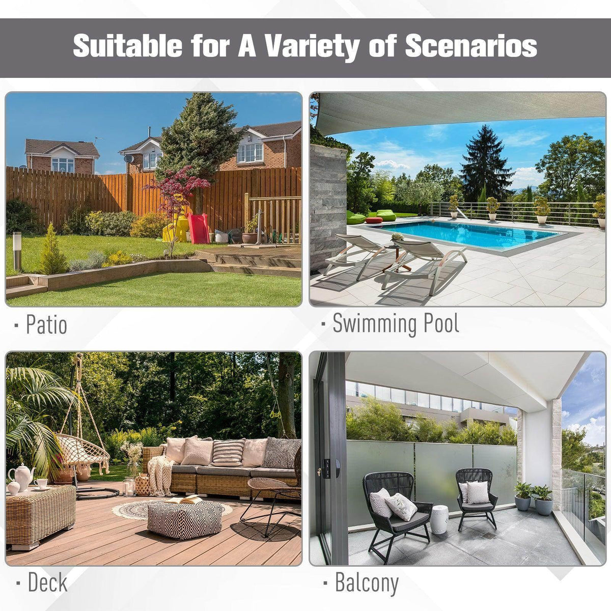 Grey double patio parasol umbrella over patio seating and poolside lounge area