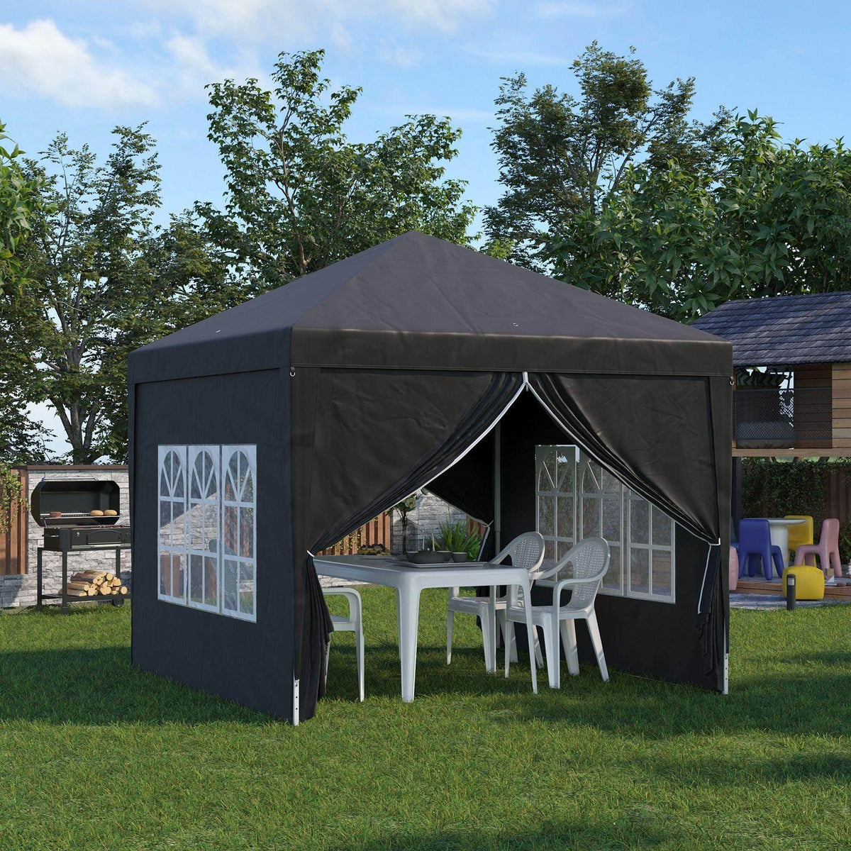 Black pop-up gazebo with side window panels and arched front curtain openings