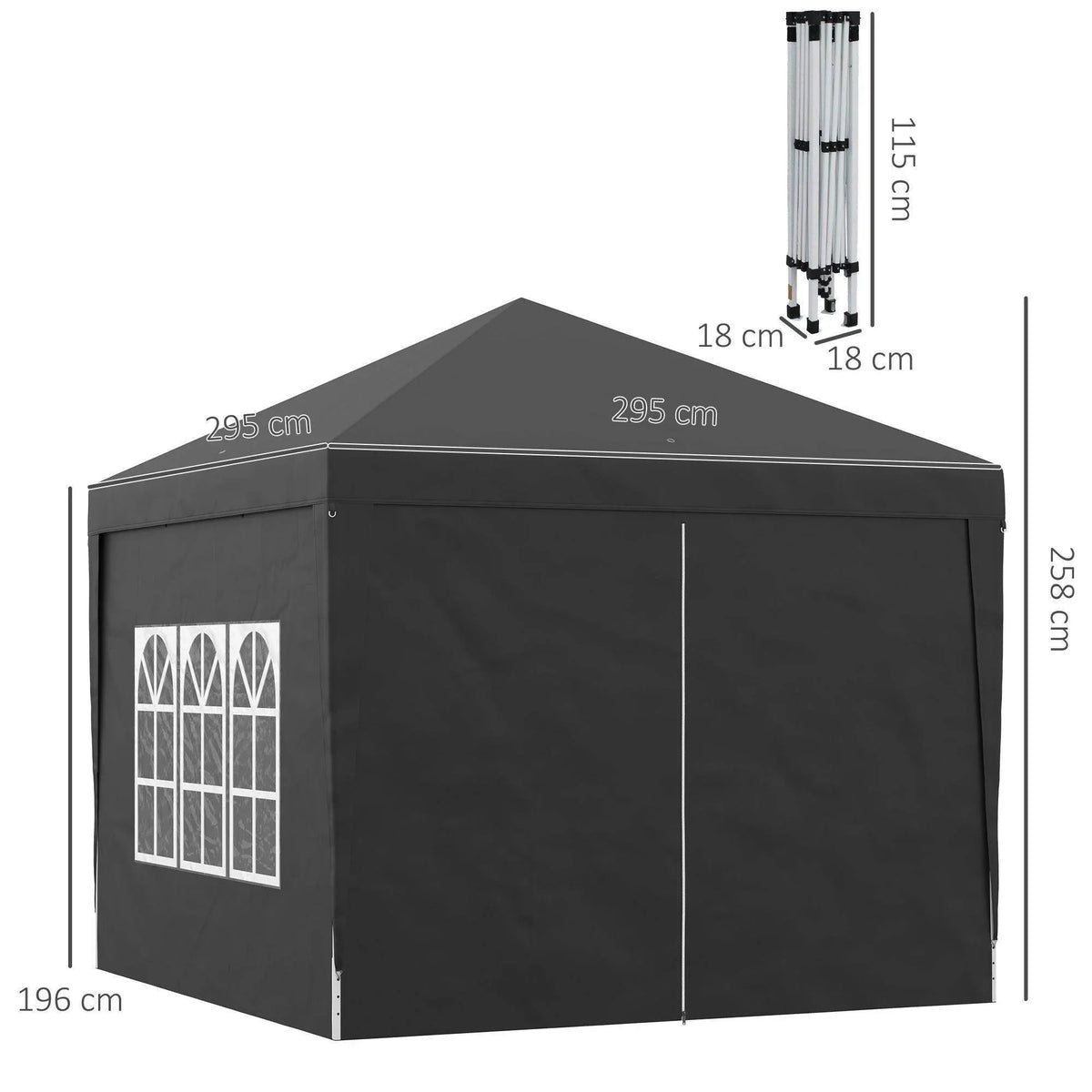 Black square gazebo with slanted roof and enclosed side walls, corner view