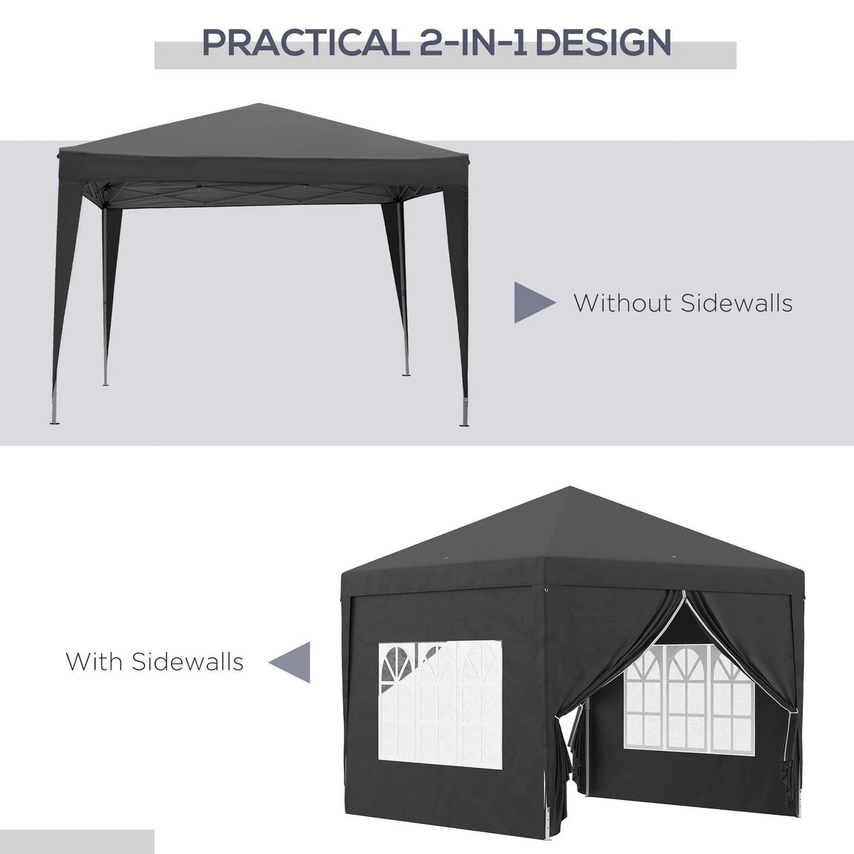 Black canopy gazebo shown with sidewalls and open front entrance curtains