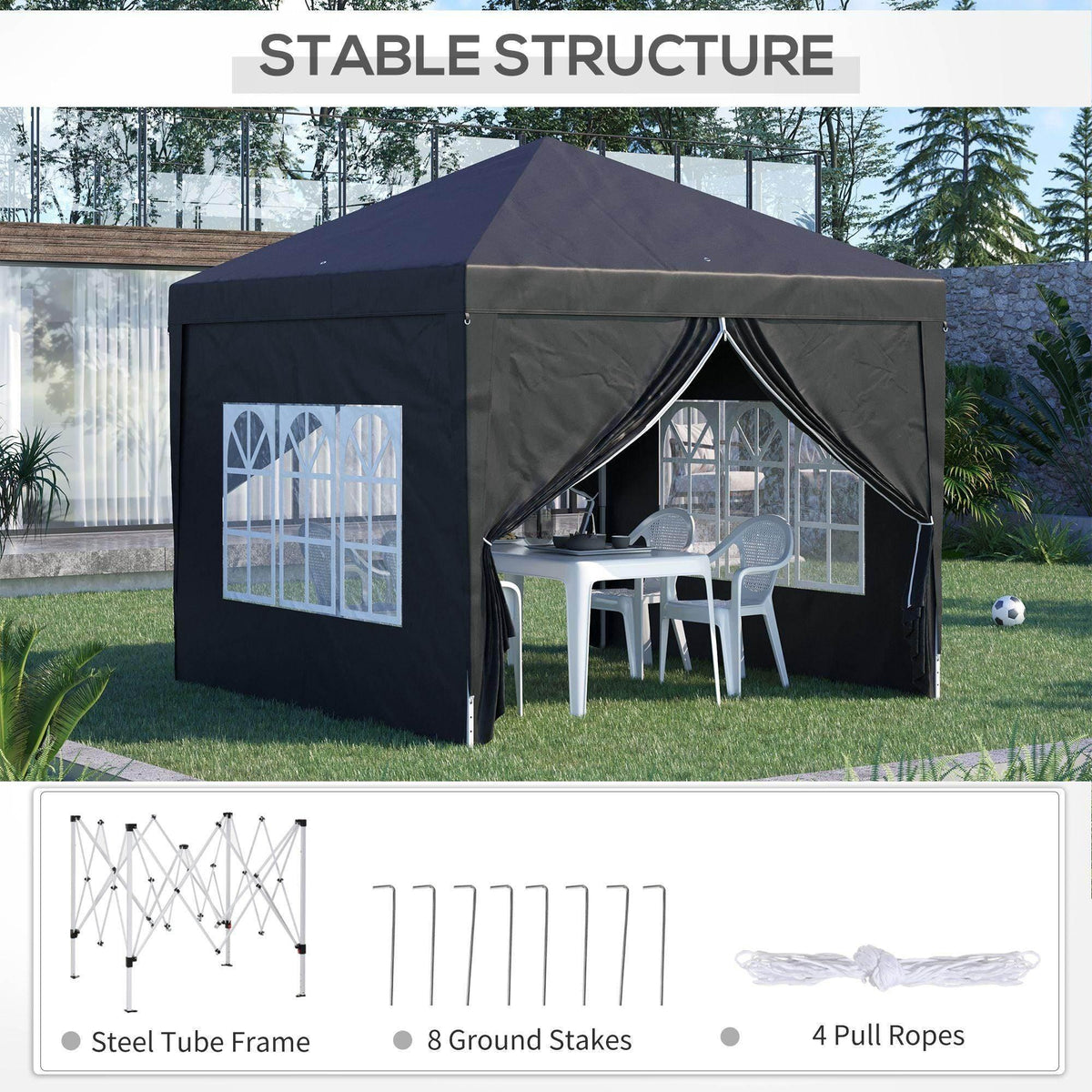 Black pop-up gazebo with zip-up front curtains and clear window panels