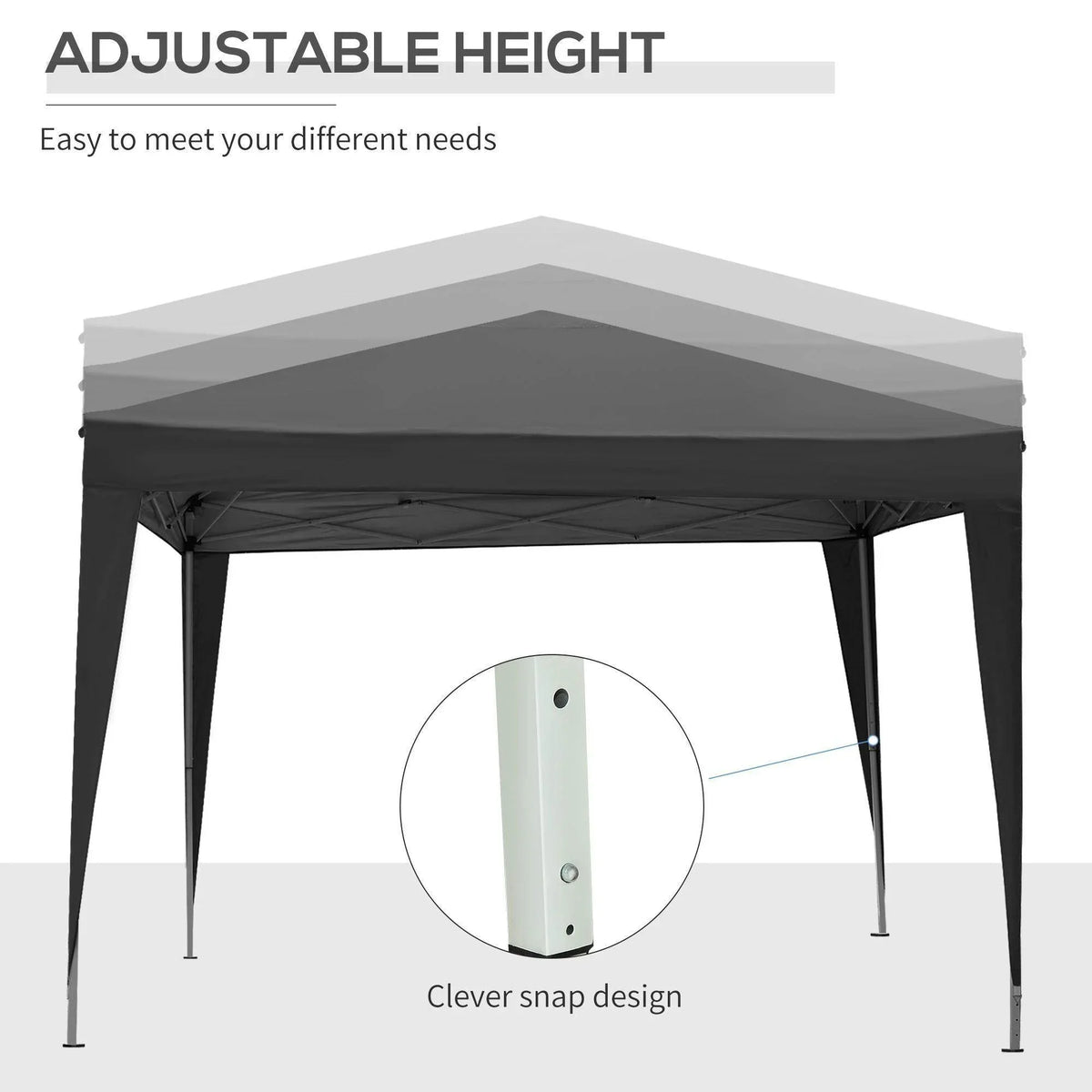 Black gazebo canopy with adjustable height snap-lock support legs