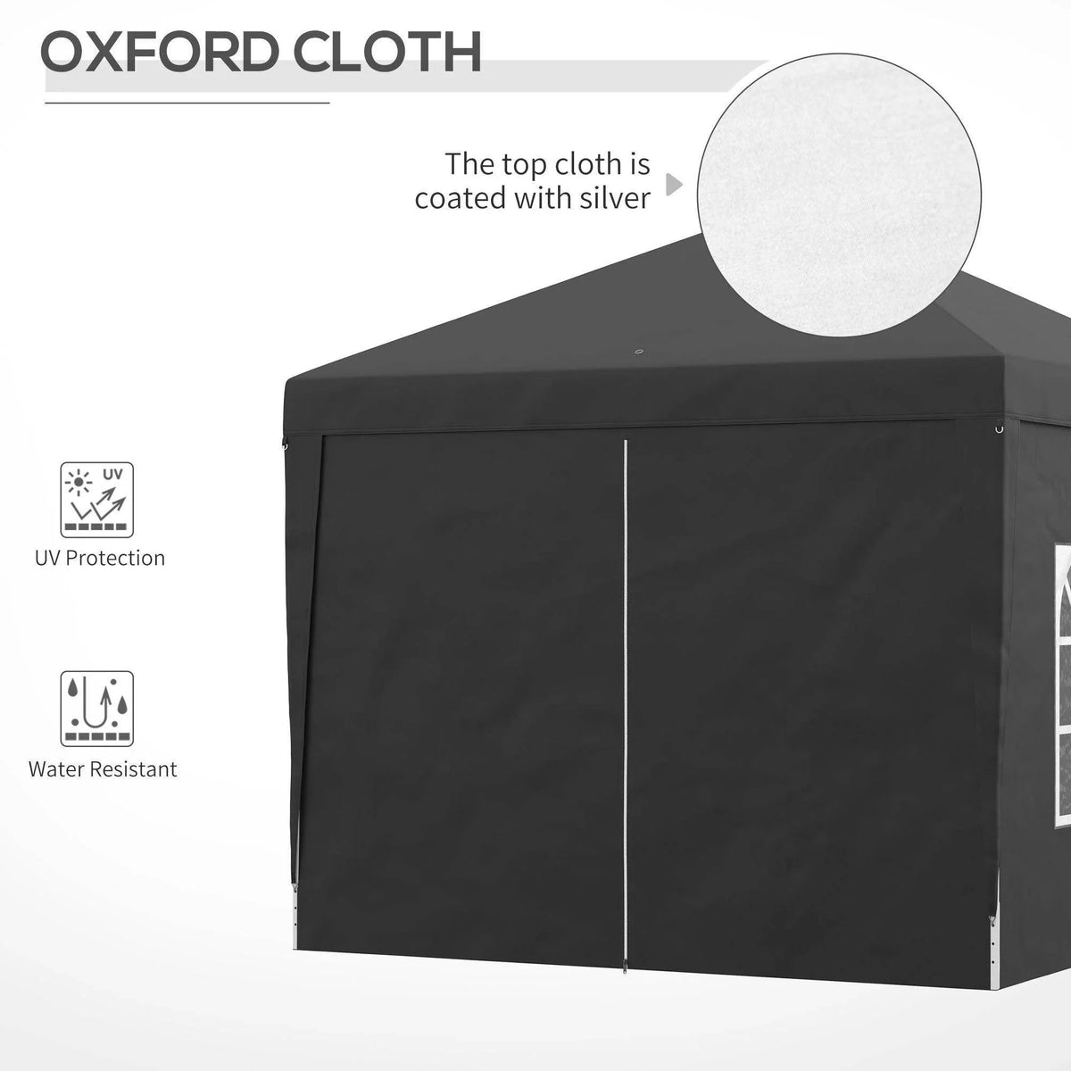 Black oxford cloth gazebo canopy with silver-coated top and UV protection