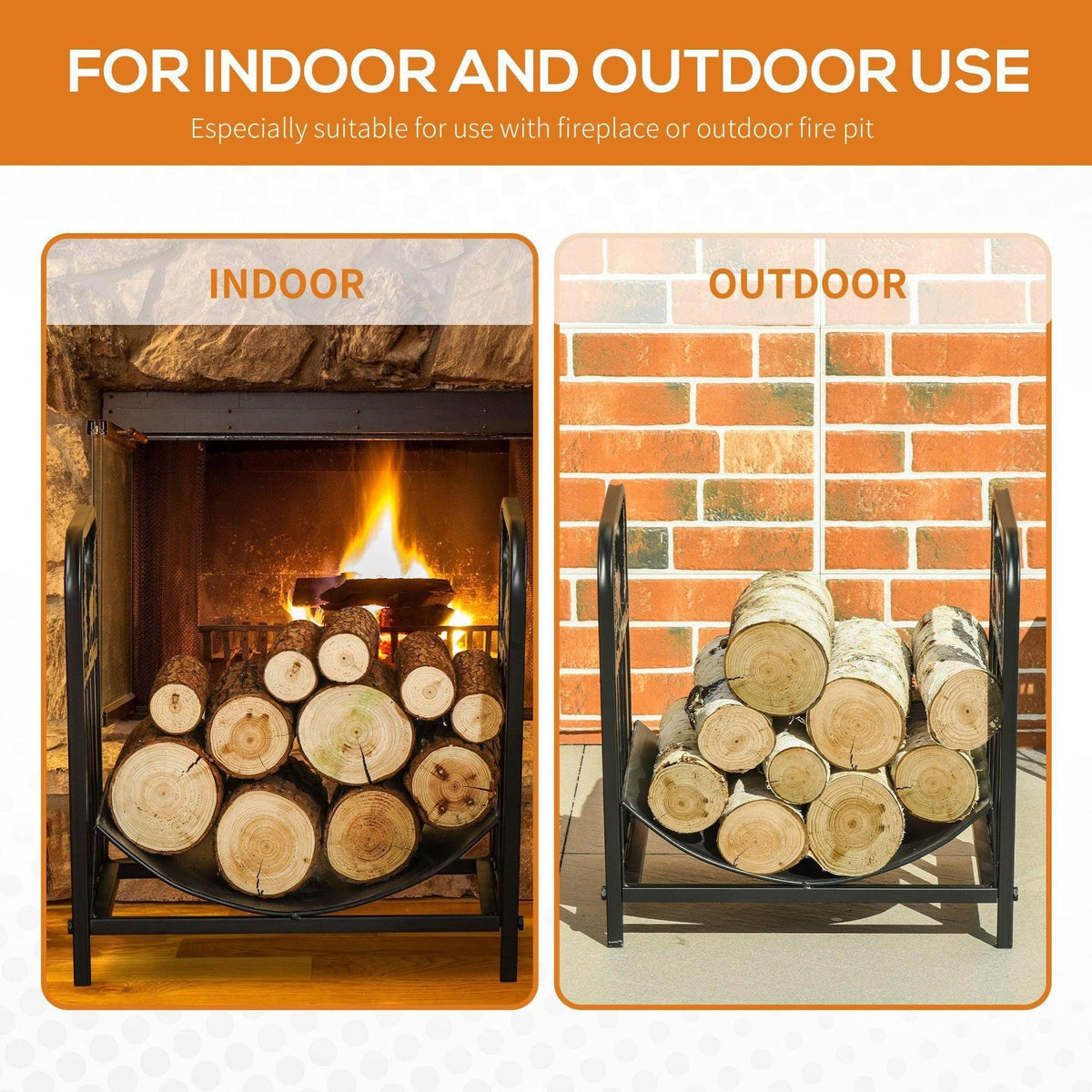 Black firewood log rack holding logs indoors and outdoors, with curved base shelf.
