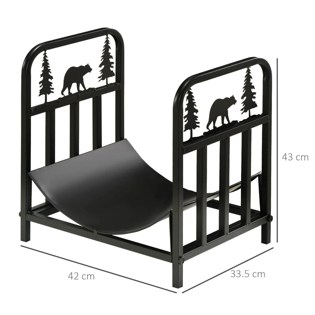 Black steel firewood log rack with two side rails and bear/tree cutout panel.
