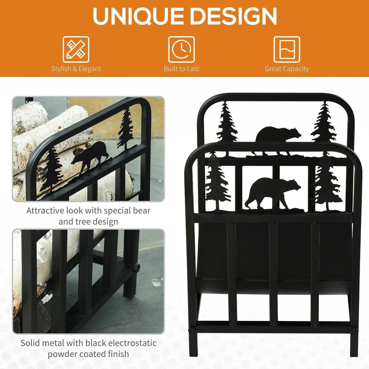Black metal firewood log rack with bear-and-tree front design and sturdy open frame.