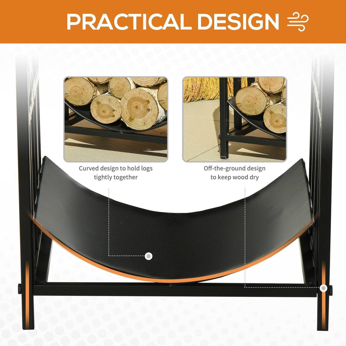 Black steel firewood log rack with curved front shelf for storing stacked logs.