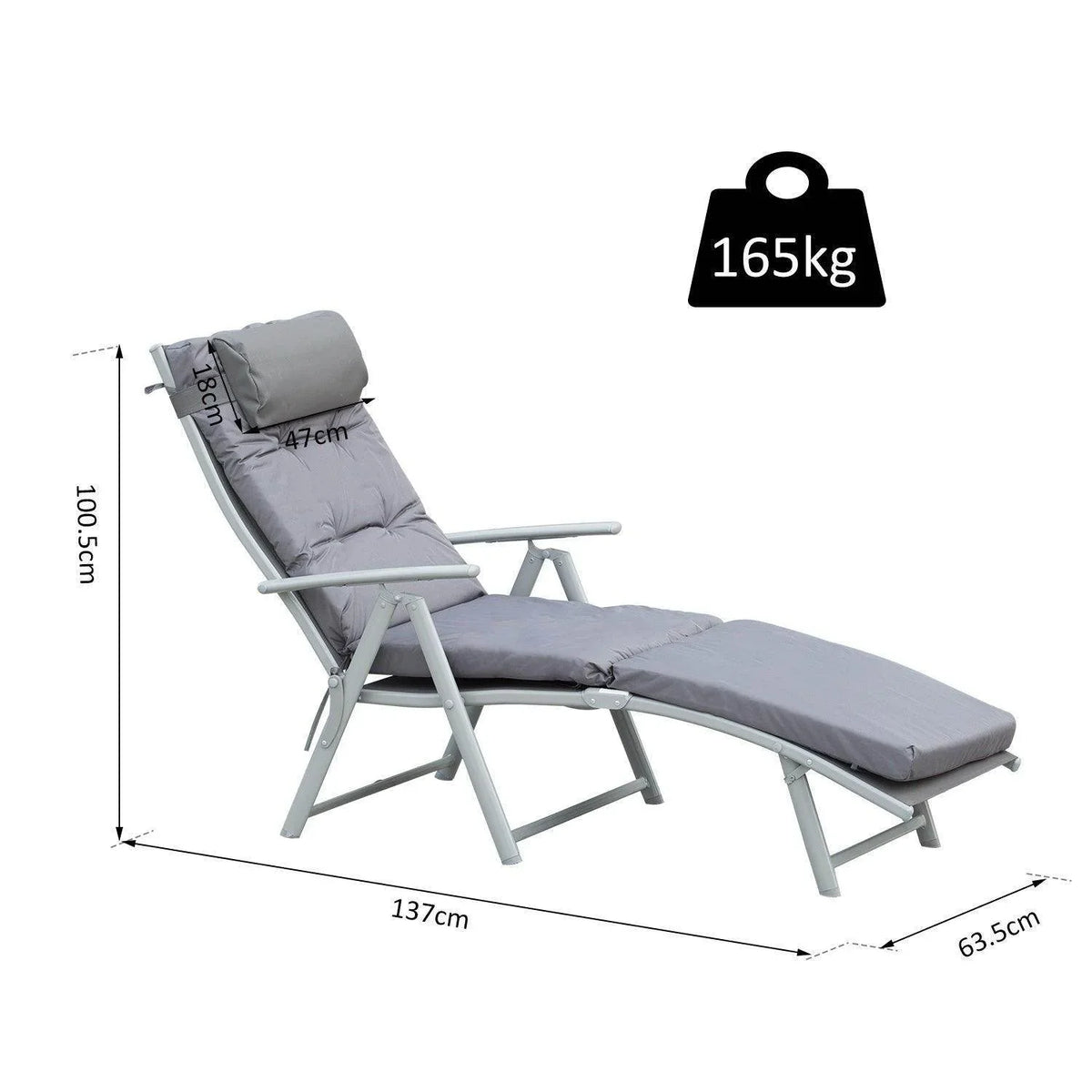 Gray padded reclining sun lounger with adjustable headrest on gray foldable frame