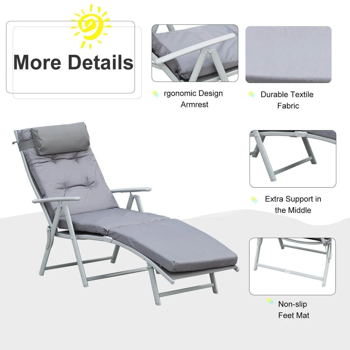 Gray padded reclining lounge chair with head pillow, arm controls, and foldable base