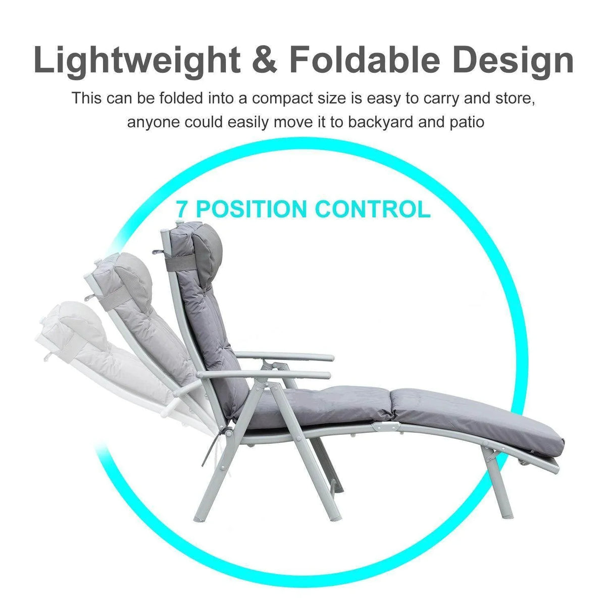 Gray 7-position reclining sun lounger with padded seat and backrest on folding frame