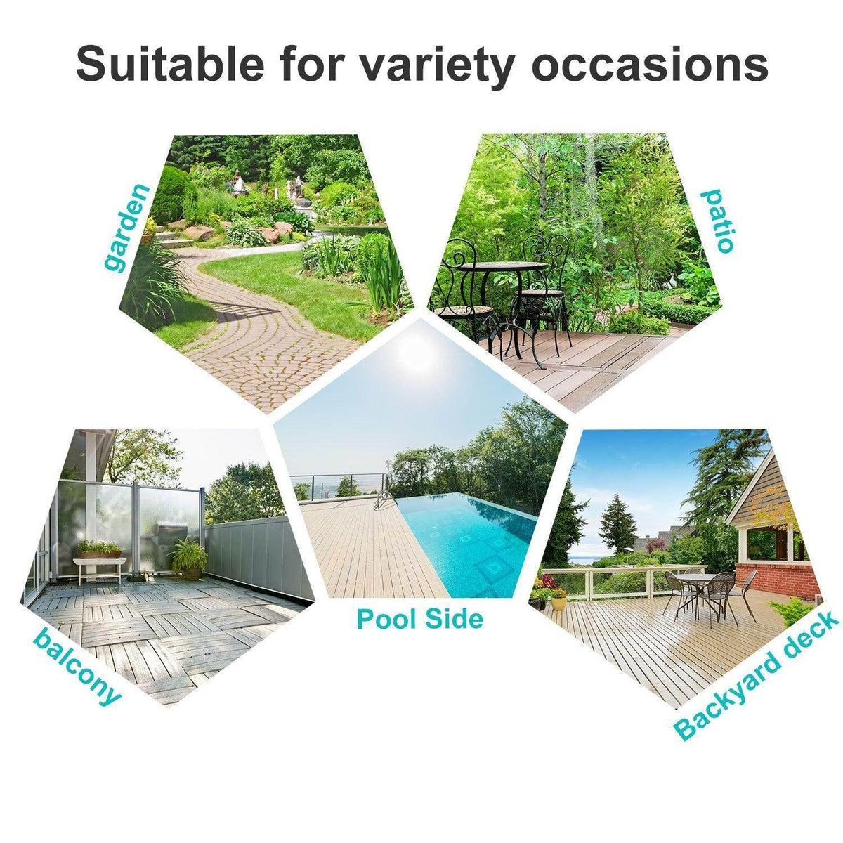 Reclining sun lounger promotional graphic showing garden, patio, poolside, and deck use