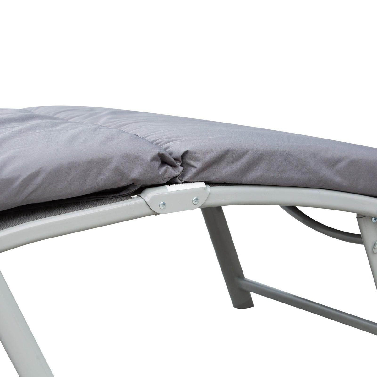 Gray padded sun lounger cushion with foldable metal linkage detail