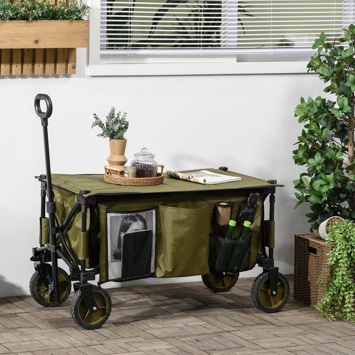 Olive folding garden trolley with mesh side storage and four all-terrain wheels