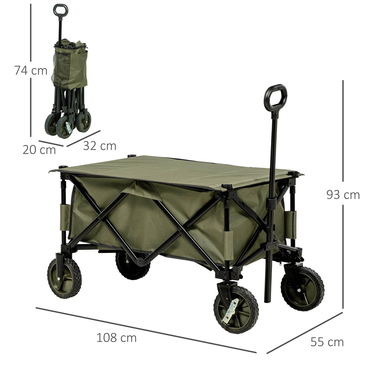 Olive folding garden trolley cart with pull handle and four all-terrain wheels
