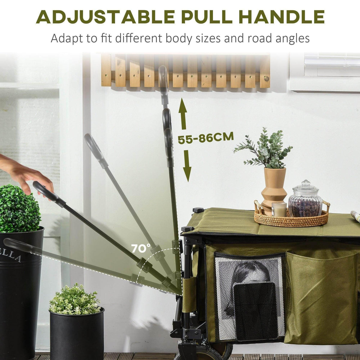 Olive folding garden trolley with adjustable pull handle and front mesh panel